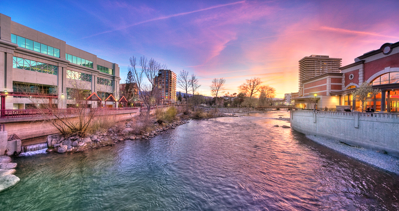 Reno - Home of Georgia Massey, Health Insurance Agent (Downtown Reno's famous Riverwalk, overlooking the Truckee River at sunset)
